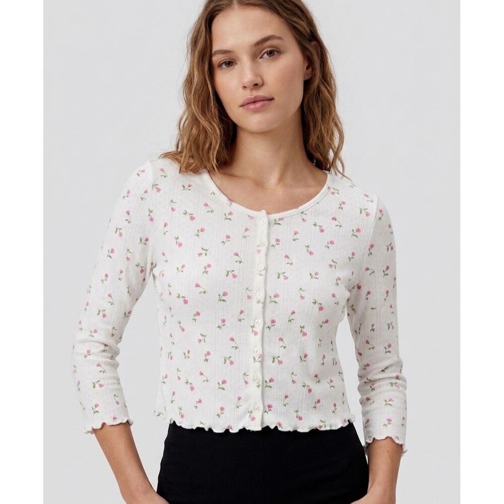 For Love & Lemons Rosebud Pointelle Cardigan Cropped Ruffle Hem Vintage Inspired